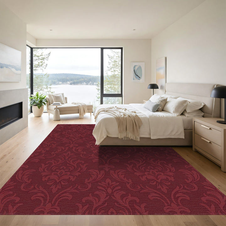 Deep Crimson Floral Damask Rug