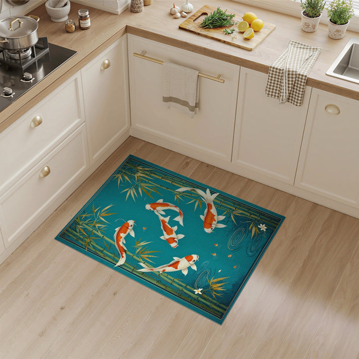 Teal Koi Fish Bamboo Pond Area Rug