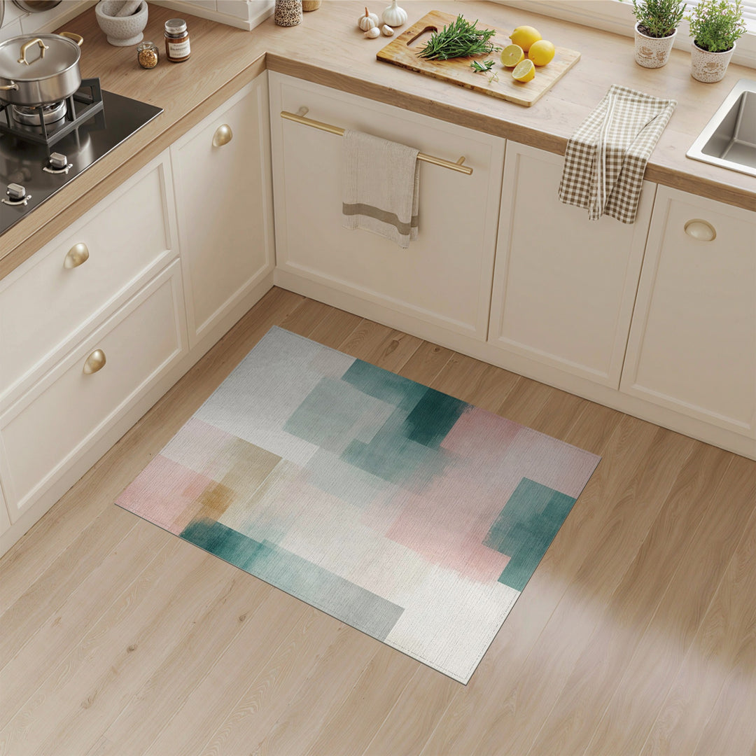 Blush Pink Teal Geometric Area Rug