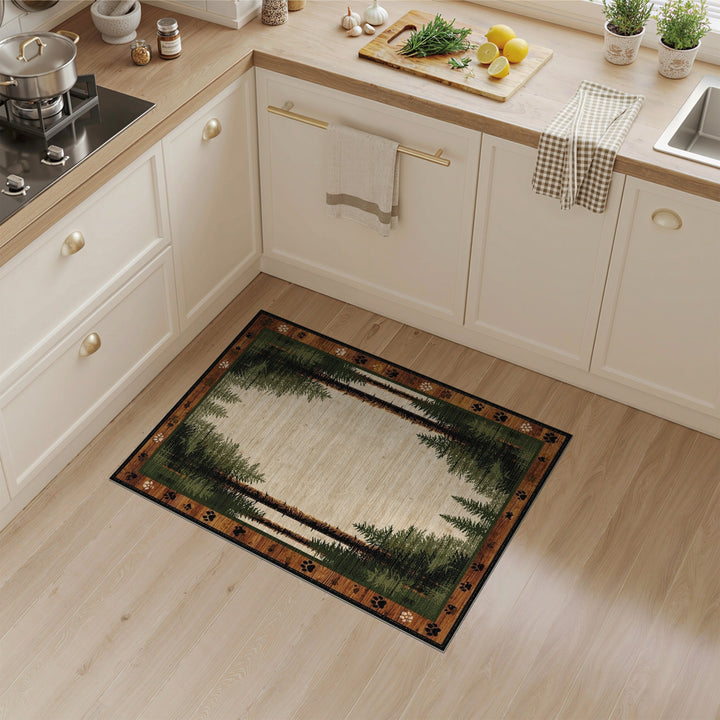 Rustic Pine Forest Paw Print Area Rug