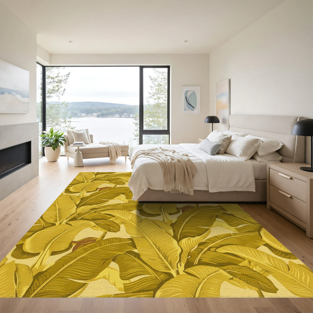 Golden Banana Leaf Tropical Arrangement Rug