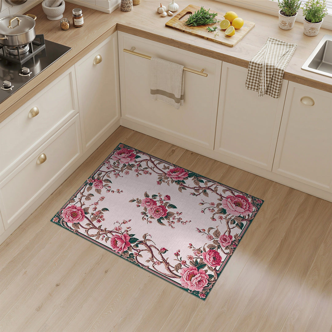 Pink Rose Floral Vintage Washable Area Rug