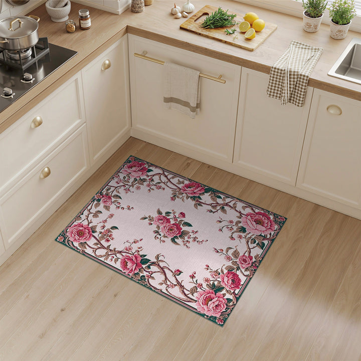 Pink Rose Floral Vintage Washable Area Rug