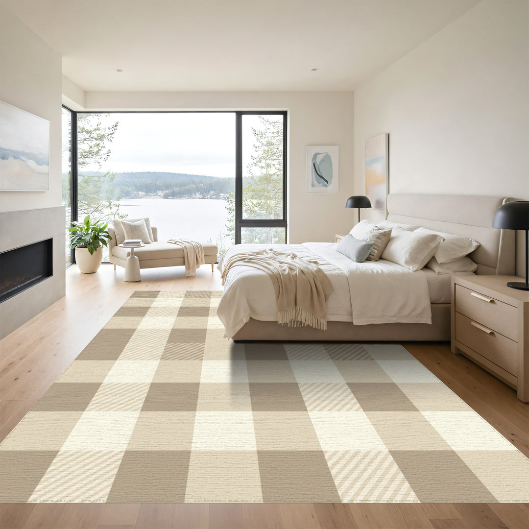 Warm Beige Checked Plaid Rug