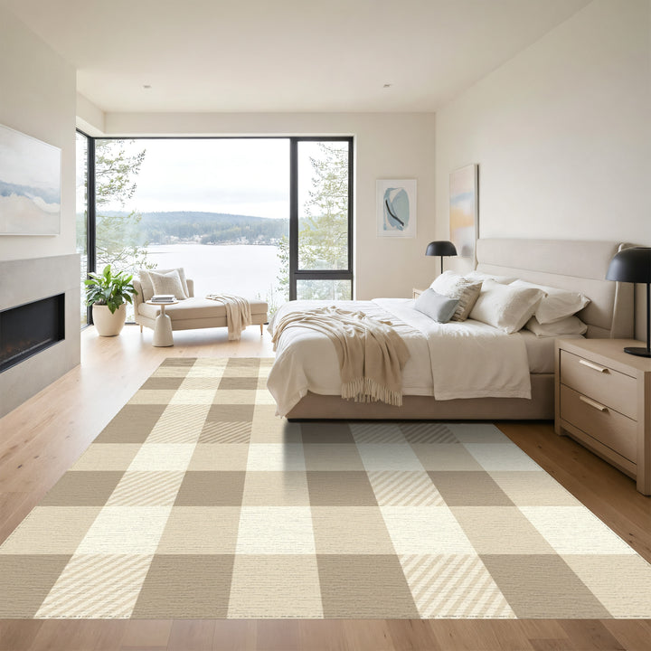 Warm Beige Checked Plaid Rug