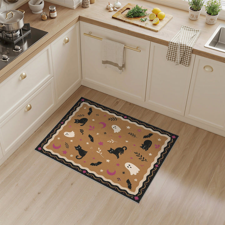 Brown Halloween Black Cats Ghosts Washable Area Rug