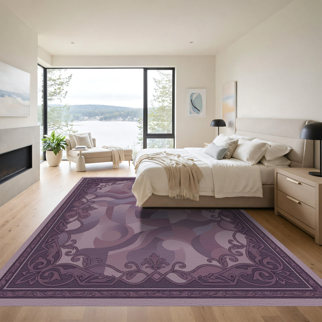 Mauve Abstract Swirl Medallion Frame Rug