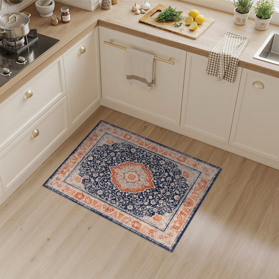 Traditional Persian Navy Orange Medallion Persian Area Rug