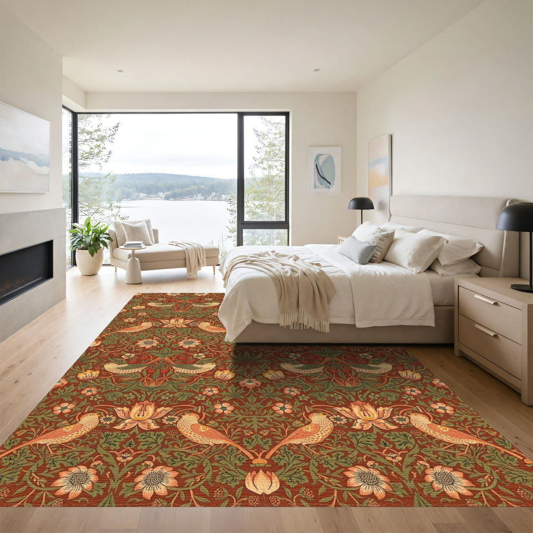 Earthy Red Bird and Strawberry Garden Rug