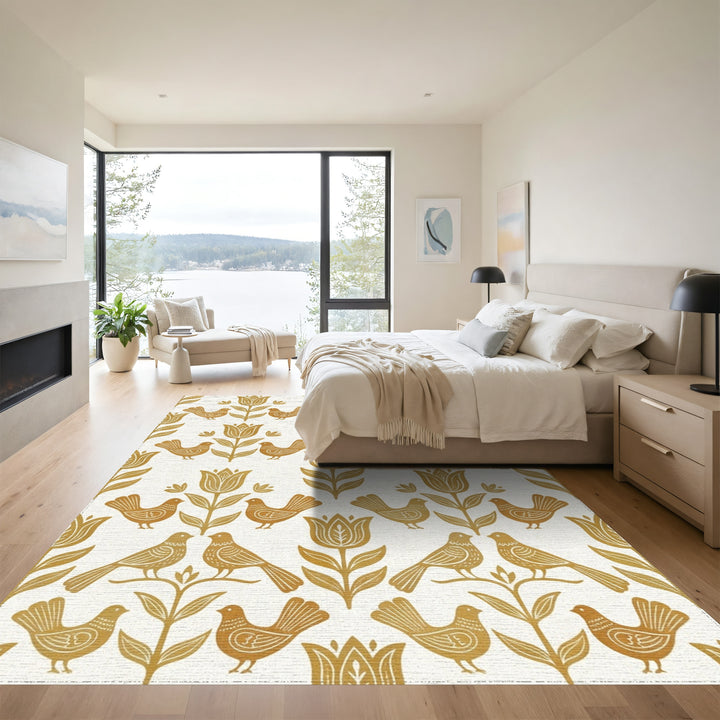 Golden Floral Bird Garden Succession Rug
