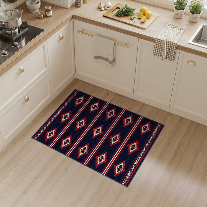 Navy Blue Southwestern Area Rug with Red Diamonds