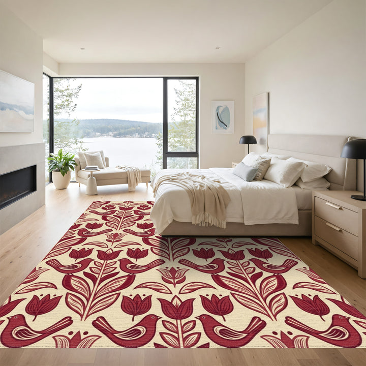 Deep Red Floral Bird Garden Rug
