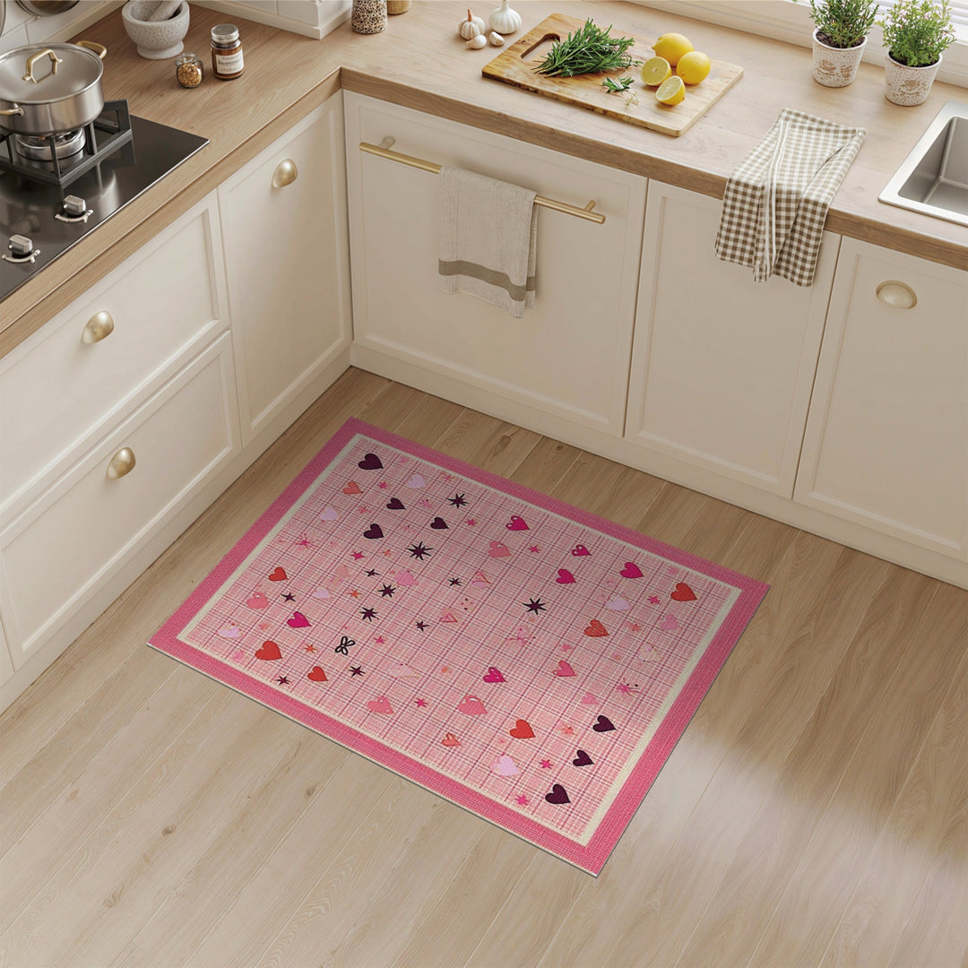 Pink Plaid Hearts Kids Washable Area Rug