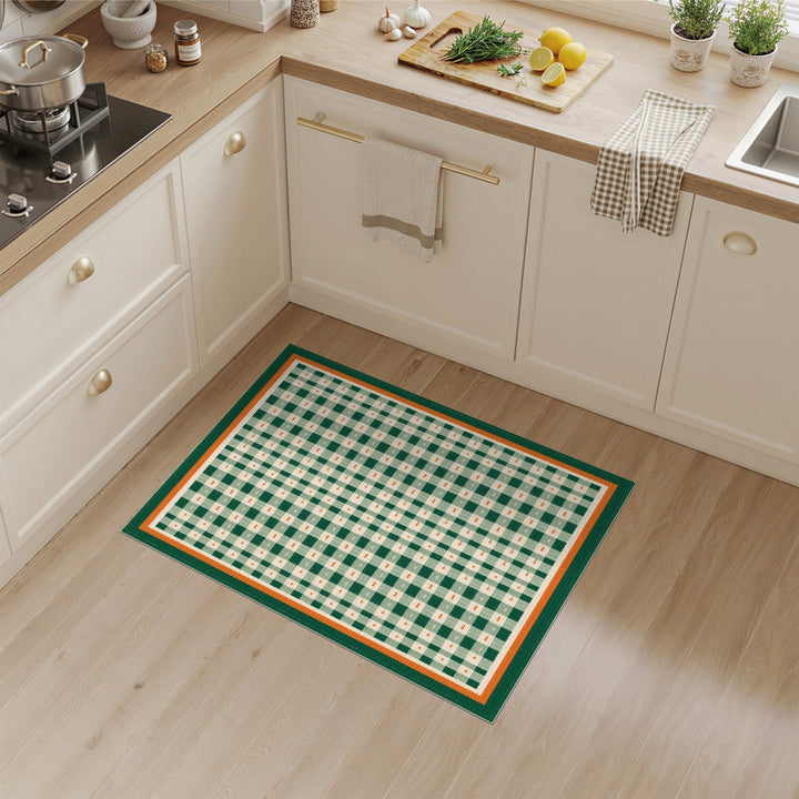 Green Gingham Checkered Area Rug with Orange Border