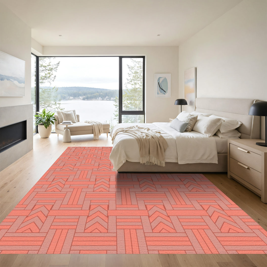 Coral Peach Geometric Interlocking Lines Rug