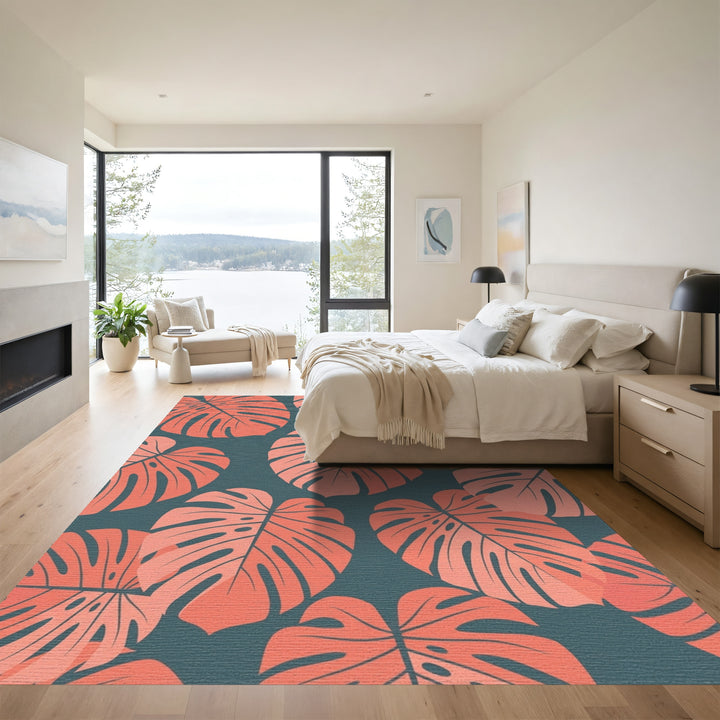 Coral Monstera Leaf Botanical Rug