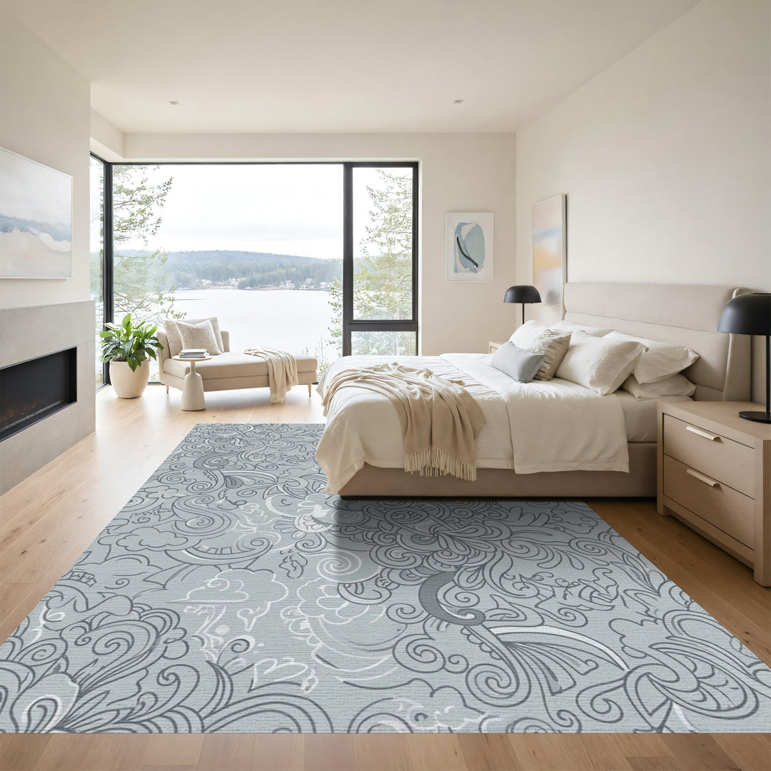 Whimsical Gray Cloud Foliage Swirl Rug