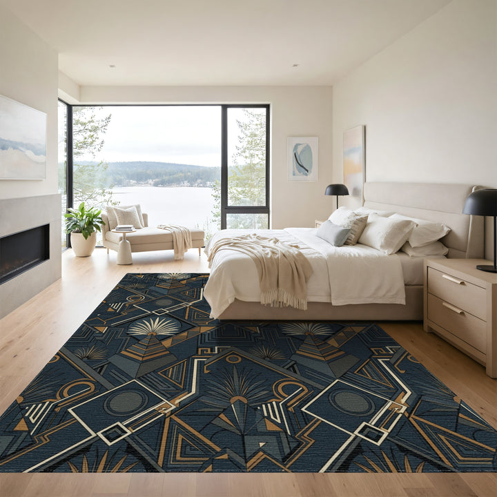 Geometric Navy Gold Fan Art Deco Rug
