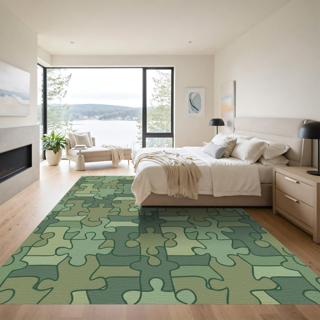 Green Camouflage Puzzle Piece Arrangement Rug