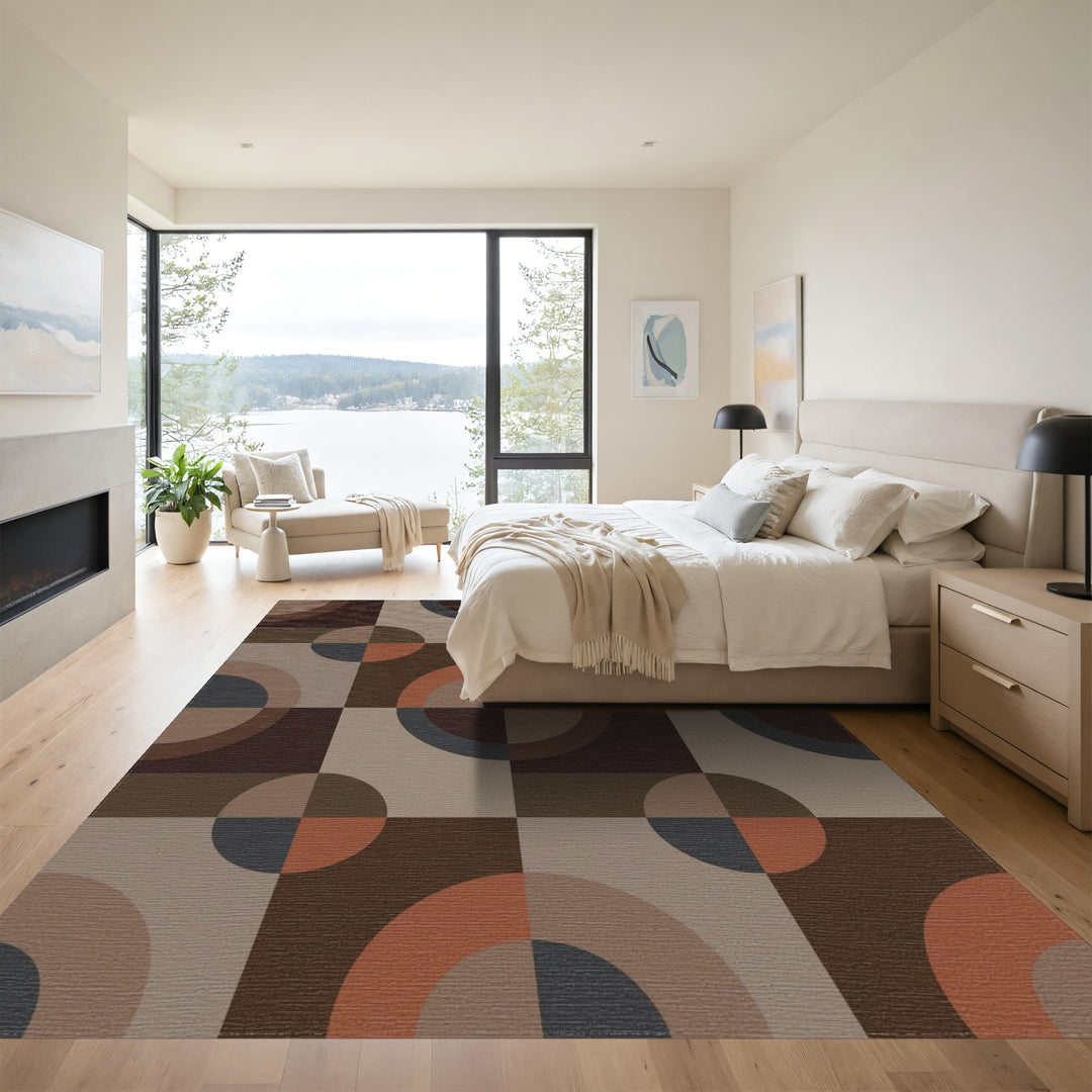 Geometric Circles Ochre Brown Grey Rug