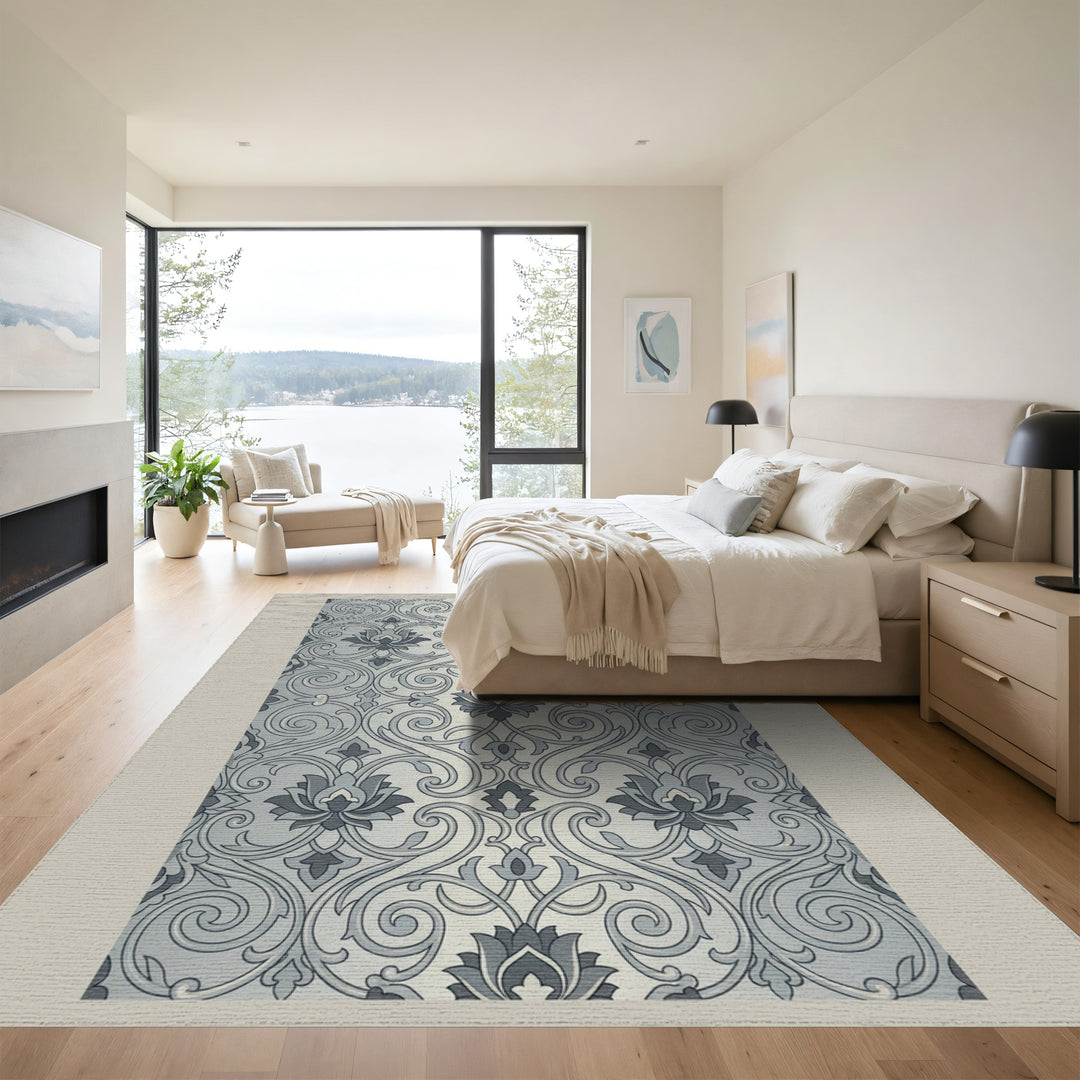 Gray Floral Swirl Damask Rug