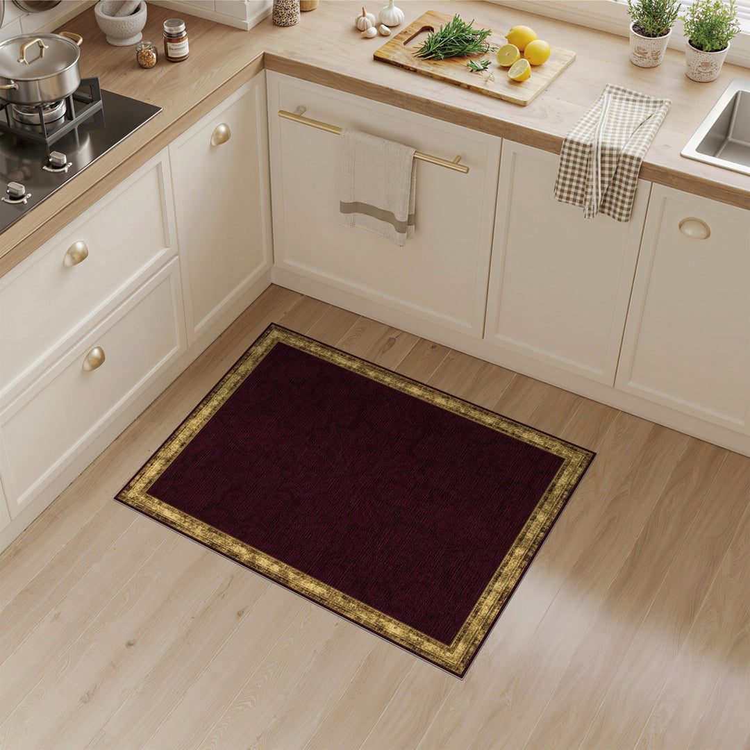 Red Damask Area Rug with Distressed Gold Border