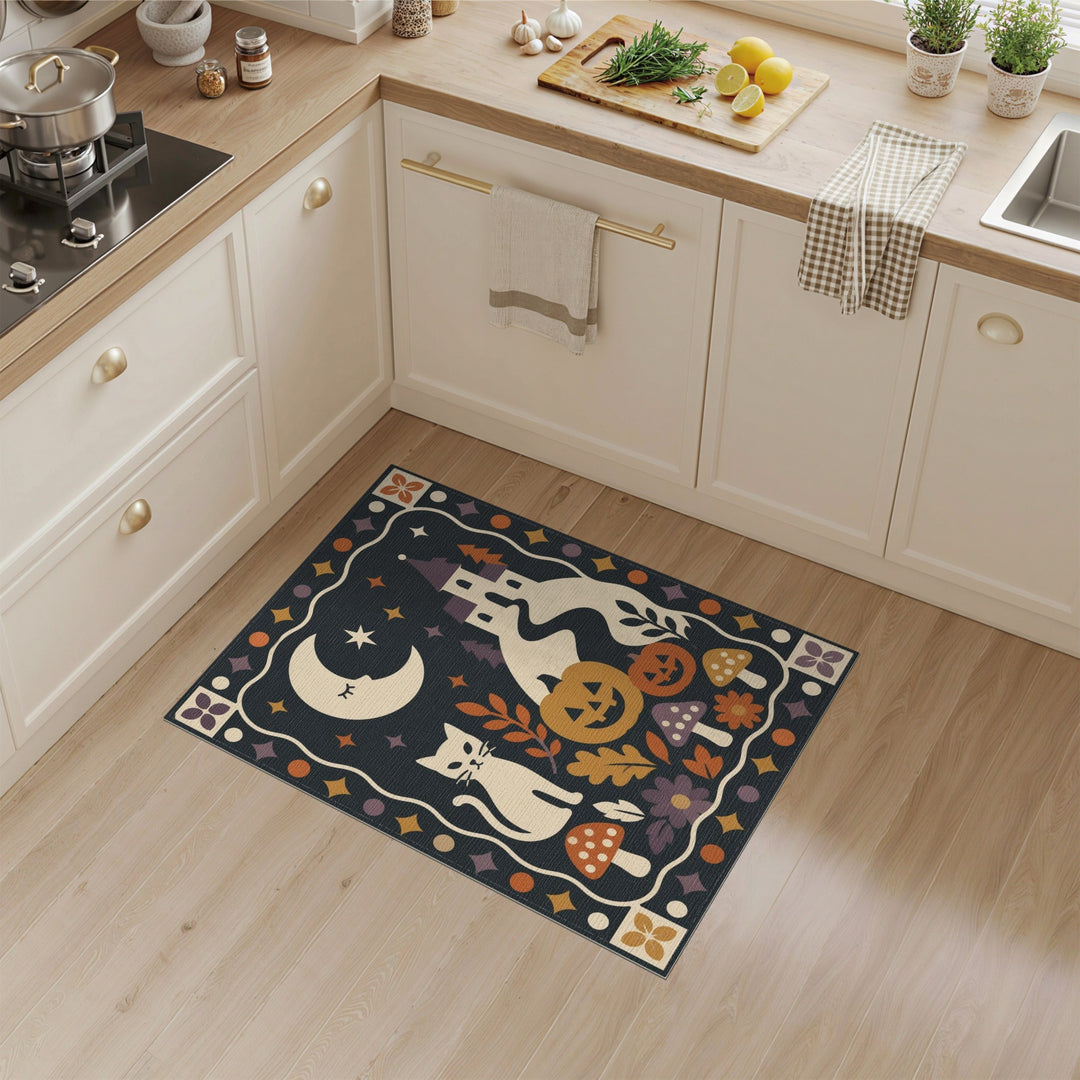 Whimsical Halloween Cat Castle Area Rug