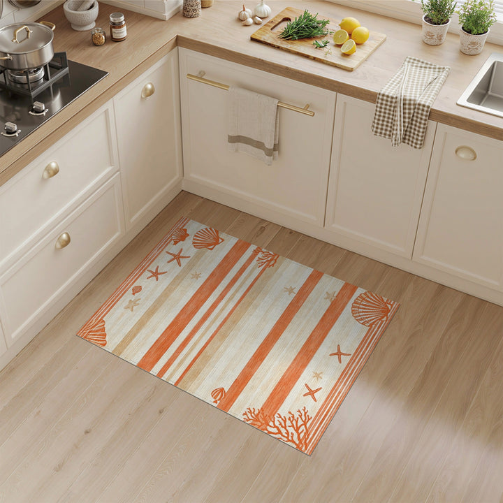 Coastal Orange Striped Seashell Area Rug