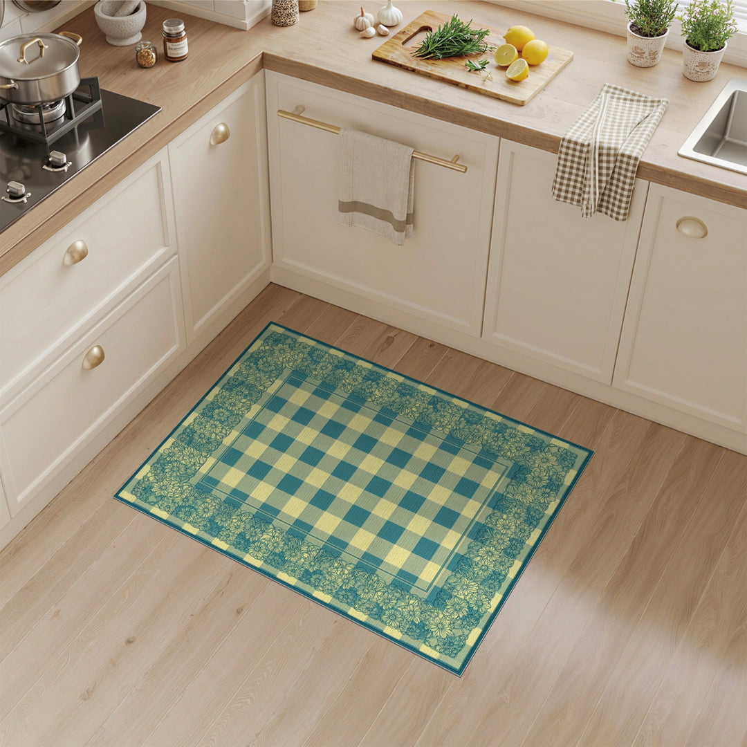 Teal Floral Gingham Washable Area Rug