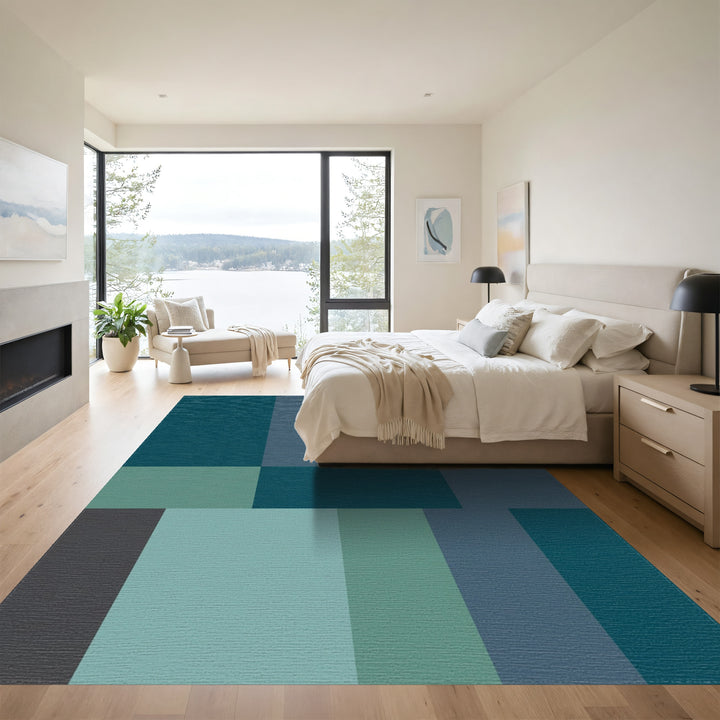 Serene Teal Slate Geometric Blocks Rug