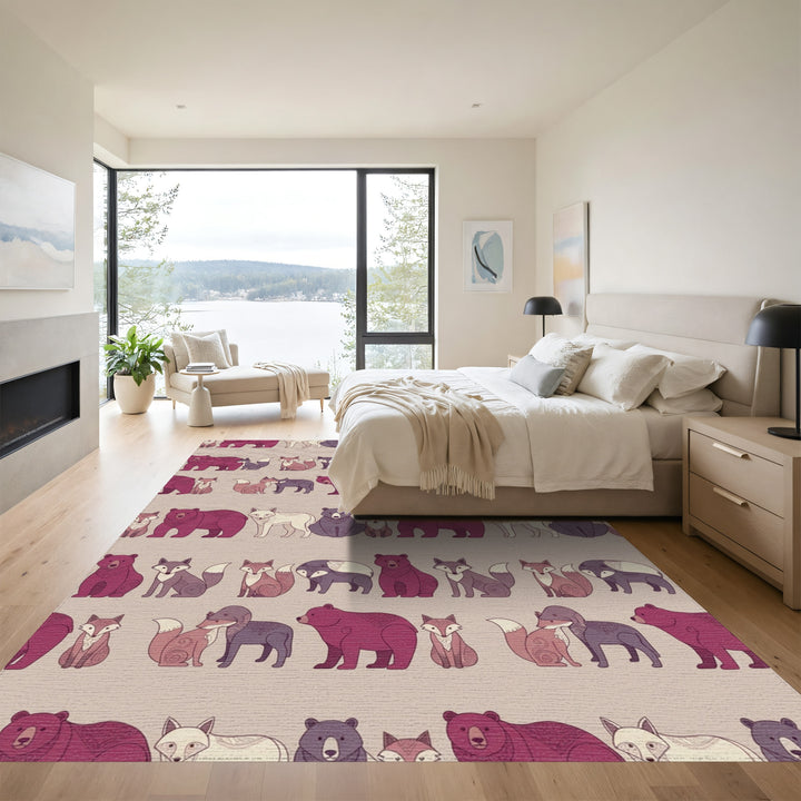 Burgundy Fox Bear Woodland Creatures Rug