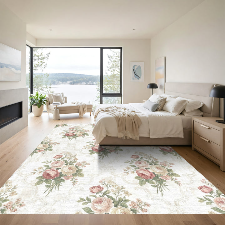 Vintage Rose Bouquet Damask Rug