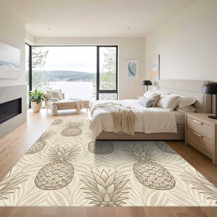 Earthy Tan Pineapple Botanical Scroll Rug