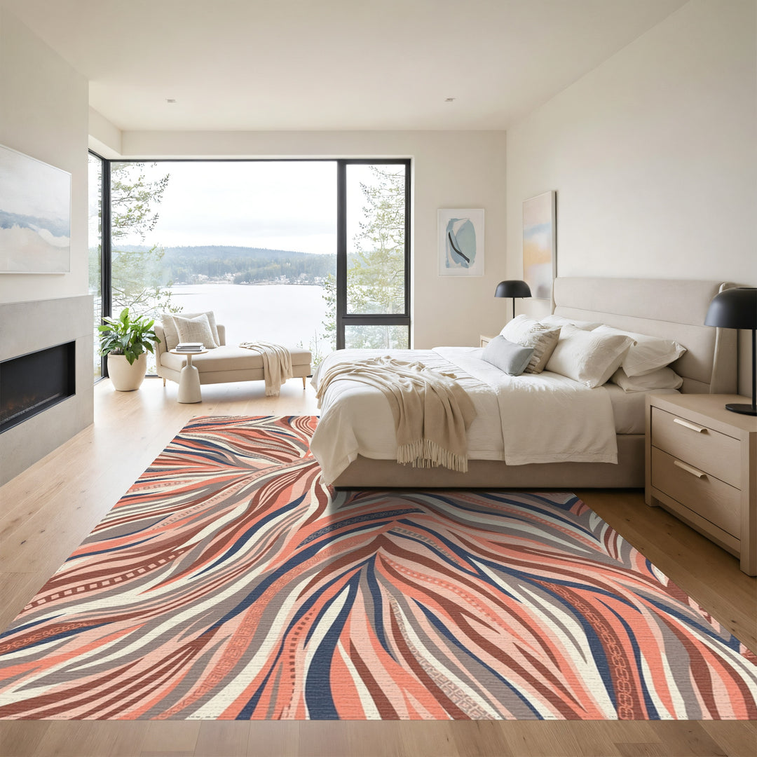 Coral and Navy Waves Rug