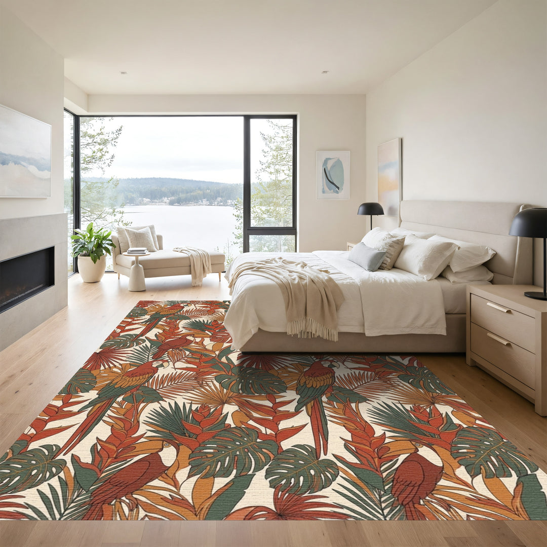 Earthy Tropical Macaw Foliage Garden Rug