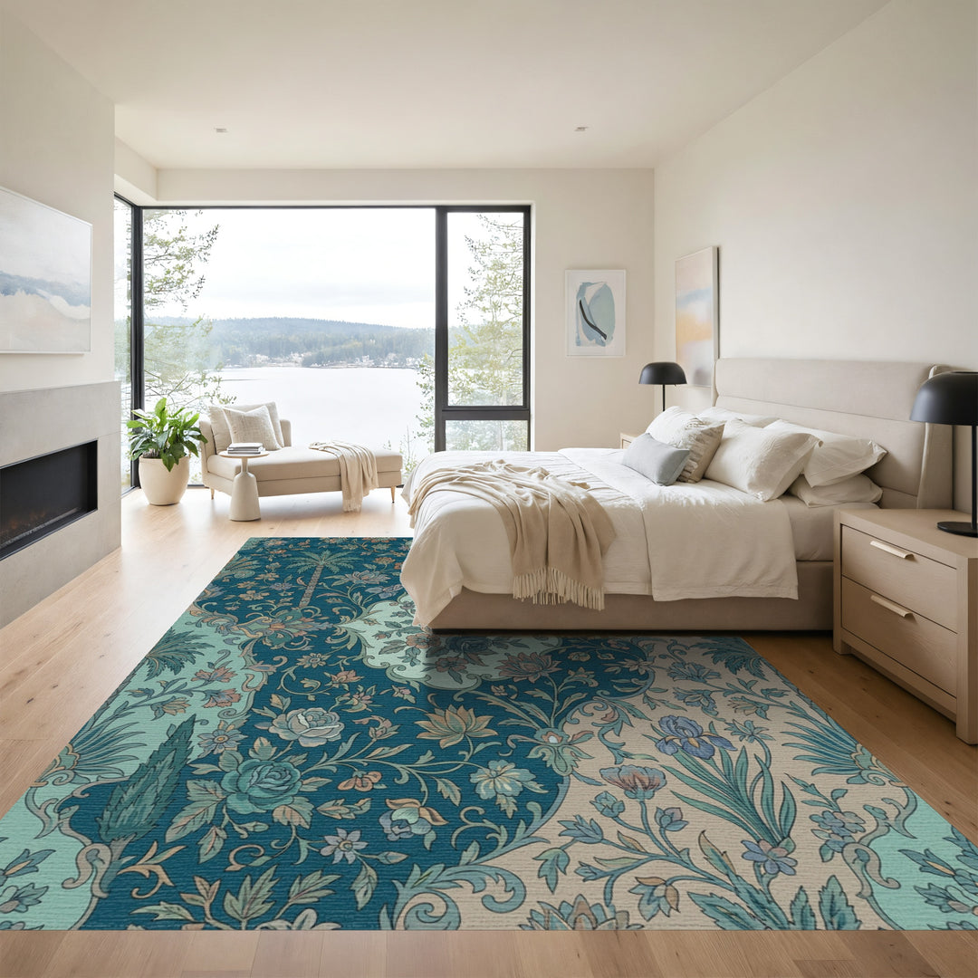 Vintage Teal Floral Tree Garden Rug