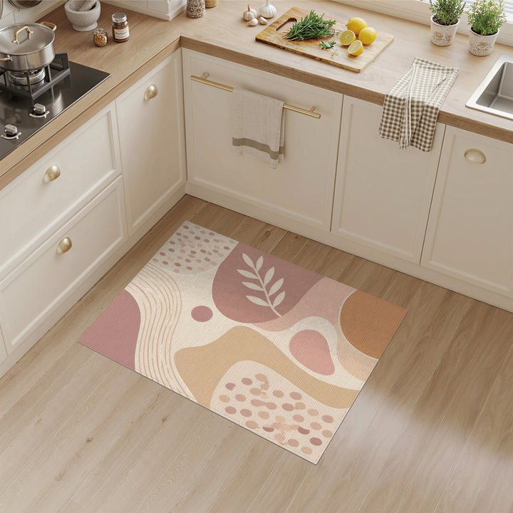 Abstract Neutral Beige Area Rug with Leaf Motif
