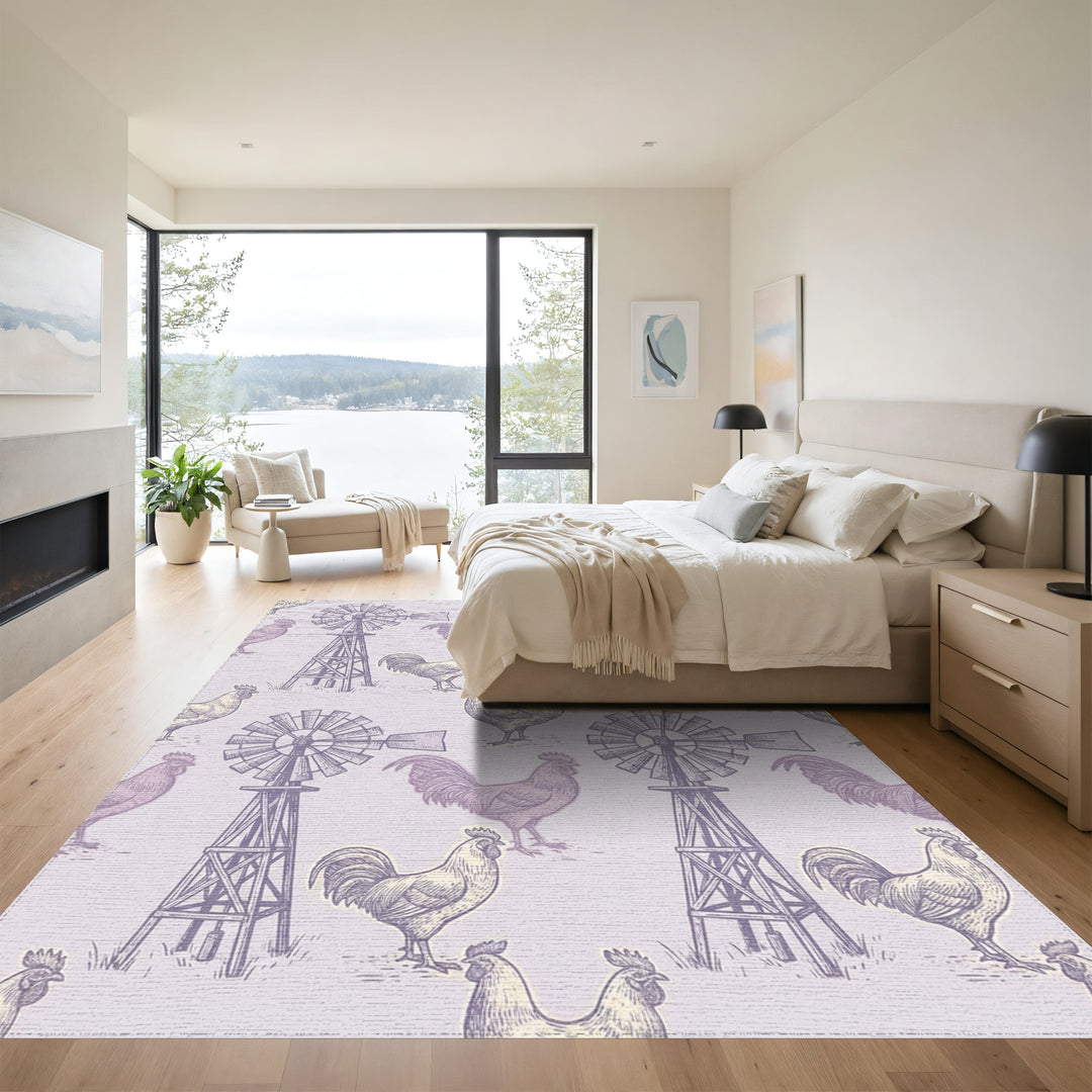 Farmhouse Lilac Rooster Windmill Illustration Rug