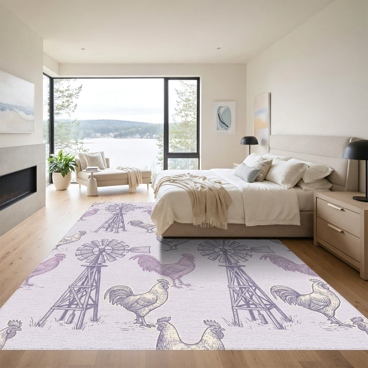 Farmhouse Lilac Rooster Windmill Illustration Rug