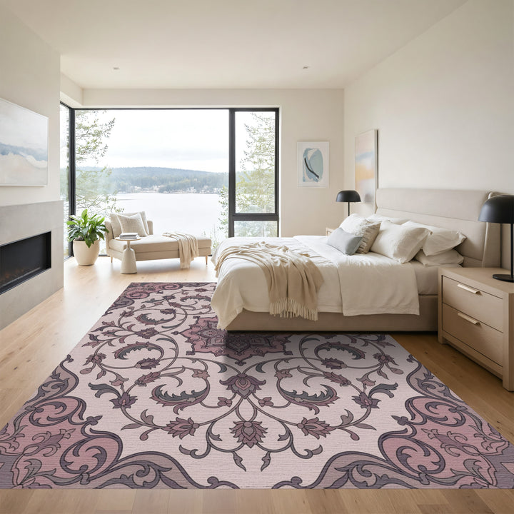Mauve Floral Arabesque Scrollwork Rug