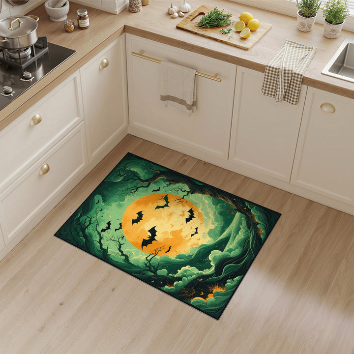 Bats Over Glowing Moon Green Area Rug