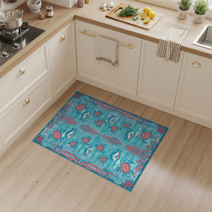 Blue Teal Sea Turtle Coastal Blue and Teal Area Rug