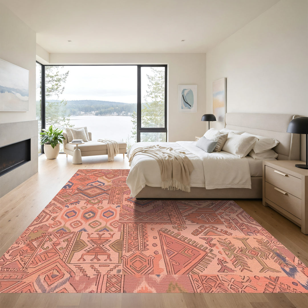 Peachy Coral Patchwork Geometric Medallion Rug
