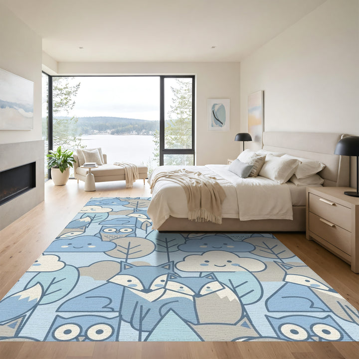 Cute Woodland Animals Blue Sky Clouds Rug