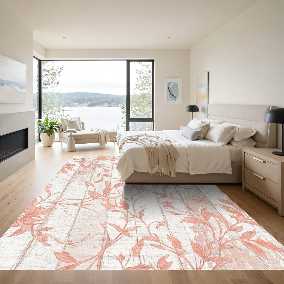 Coral Vine Scroll on Distressed Wood Rug