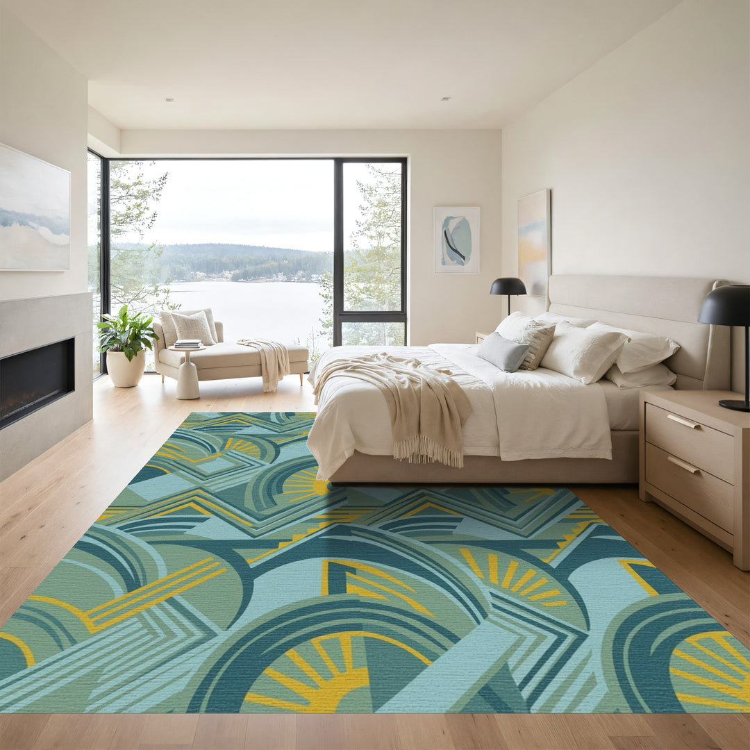 Art Deco Teal Yellow Sunburst Geometric Rug