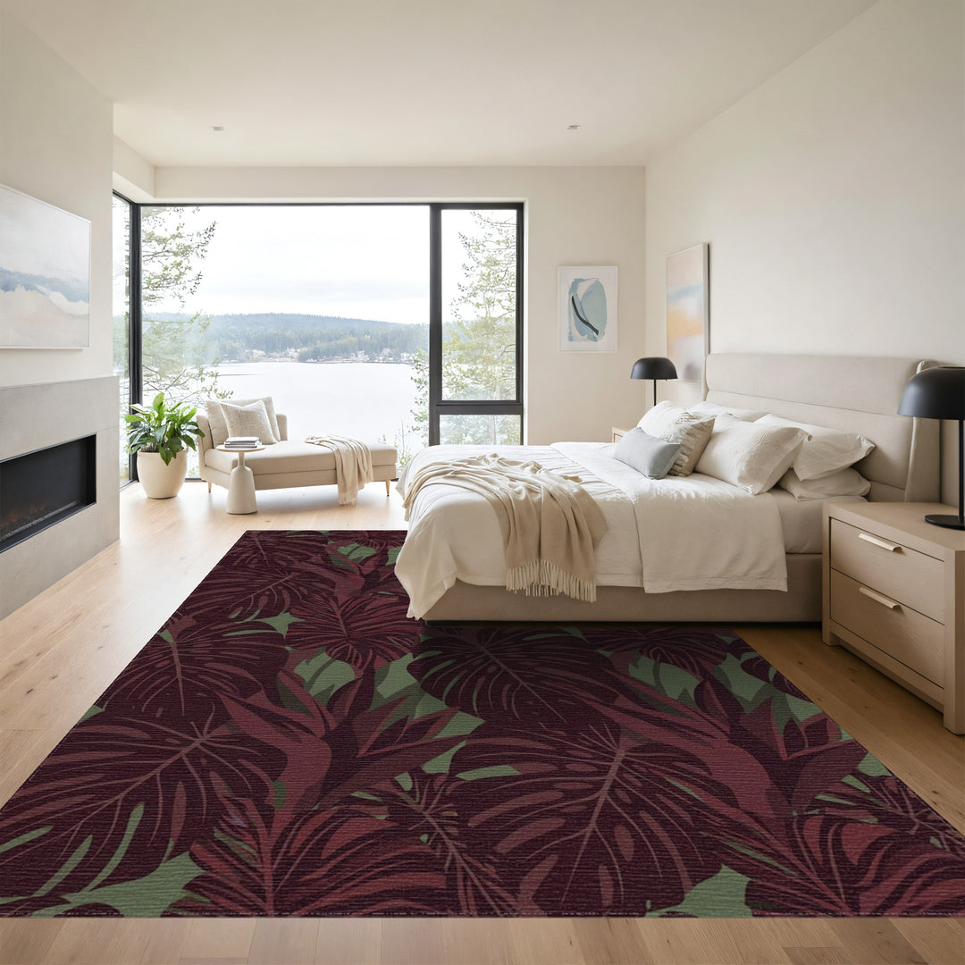 Deep Red Tropical Monstera Leaf Collage Rug