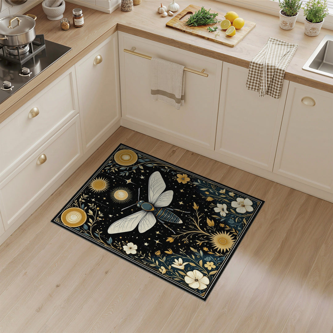 Celestial Moth Gold Floral Area Rug