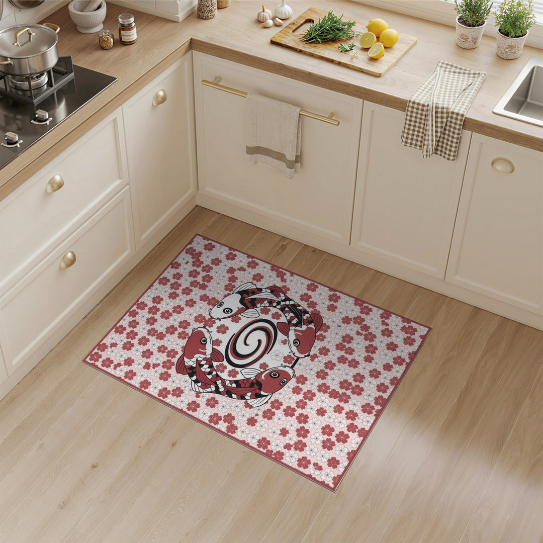 Koi Fish Circle Pink Floral Rug