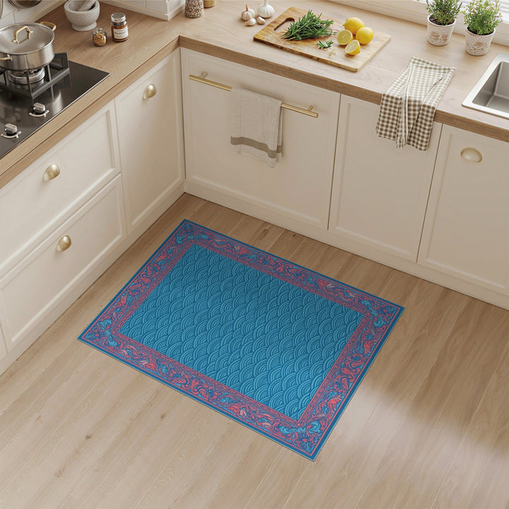 Blue Wave Floral Border Area Rug